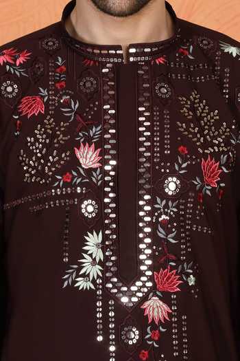 Aham-Vayam_Maroon Silk, Cotton Embroidered Kurta Set _at_Aza_Fashions