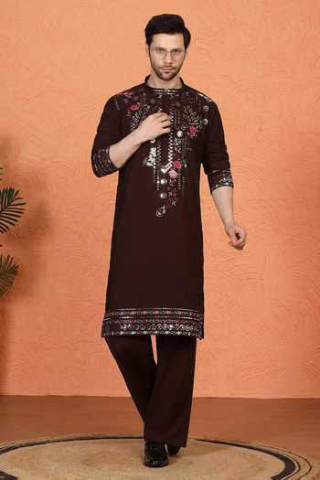 Buy_Aham-Vayam_Maroon Silk, Cotton Embroidered Kurta Set 