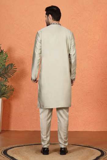 Aham-Vayam Embroidered Cotton Silk Kurta Set 