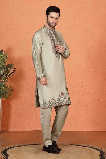 Aham-Vayam_Green Silk, Cotton Embroidered Kurta Set _at_Aza_Fashions