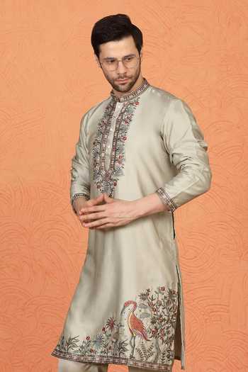 Buy_Aham-Vayam_Green Silk, Cotton Embroidered Kurta Set 