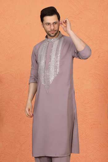 Buy_Aham-Vayam_Purple Cotton Embroidered Kurta And Pant Set _Online_at_Aza_Fashions