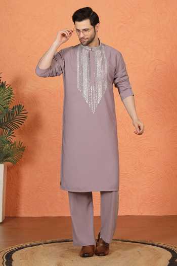 Shop_Aham-Vayam_Purple Cotton Embroidered Kurta And Pant Set _Online_at_Aza_Fashions