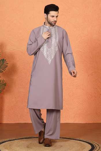 Aham-Vayam_Purple Cotton Embroidered Kurta And Pant Set _at_Aza_Fashions