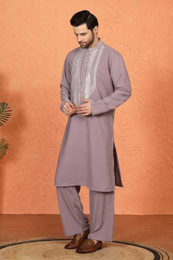 Buy_Aham-Vayam_Purple Cotton Embroidered Kurta And Pant Set 