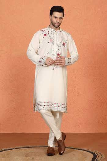 Shop Aham-Vayam Off White Silk, Cotton Floral Embroidered Kurta And Pant Set Online at Aza Fashions Shop_Aham-Vayam_Off White Silk, Cotton Floral Embroidered Kurta And Pant Set _Online_at_Aza_Fashions