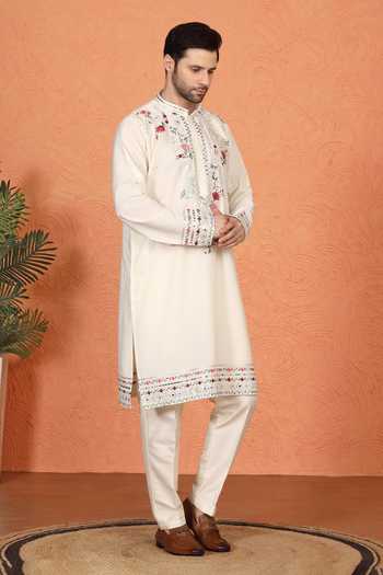 Buy Aham-Vayam Off White Silk, Cotton Floral Embroidered Kurta And Pant Set Buy_Aham-Vayam_Off White Silk, Cotton Floral Embroidered Kurta And Pant Set