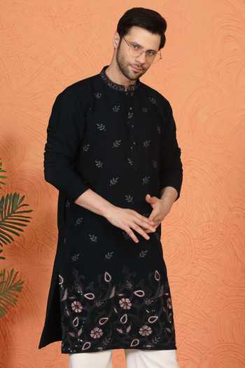 Shop_Aham-Vayam_Blue Cotton Embroidered Kurta And Pant Set _Online_at_Aza_Fashions
