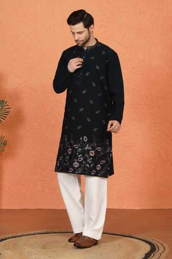 Aham-Vayam_Blue Cotton Embroidered Kurta And Pant Set _at_Aza_Fashions