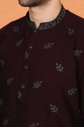 Aham-Vayam_Maroon Cotton Embroidered Kurta And Pant Set _Online_at_Aza_Fashions