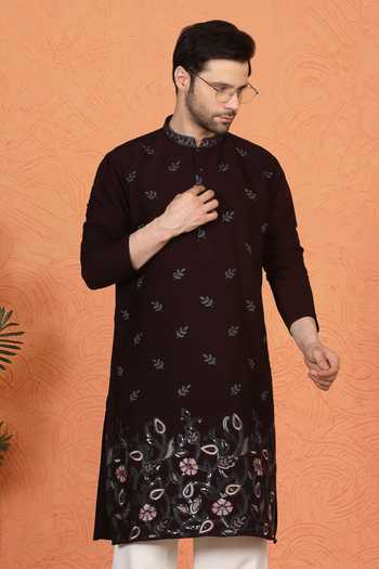 Shop_Aham-Vayam_Maroon Cotton Embroidered Kurta And Pant Set _Online_at_Aza_Fashions