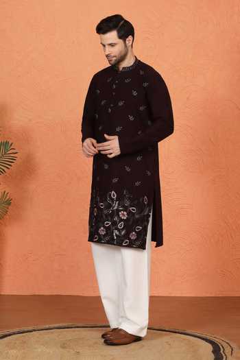 Aham-Vayam_Maroon Cotton Embroidered Kurta And Pant Set _at_Aza_Fashions