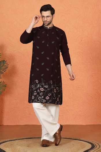 Buy_Aham-Vayam_Maroon Cotton Embroidered Kurta And Pant Set 