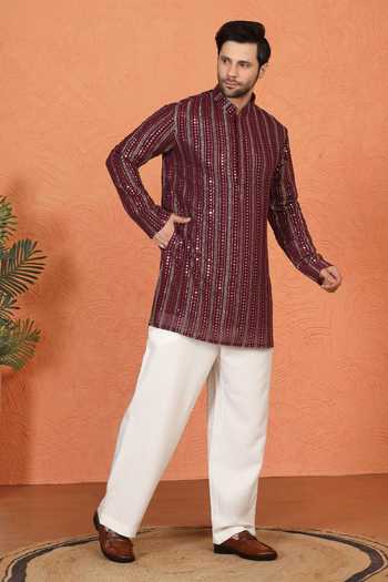 Buy_Aham-Vayam_Maroon Cotton Embroidered Kurta And Pant Set _Online_at_Aza_Fashions