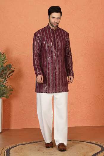 Shop_Aham-Vayam_Maroon Cotton Embroidered Kurta And Pant Set _Online_at_Aza_Fashions