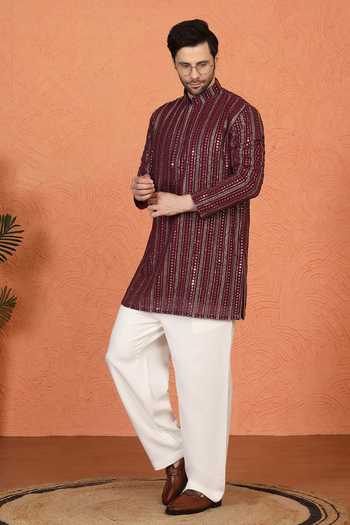 Aham-Vayam_Maroon Cotton Embroidered Kurta And Pant Set _at_Aza_Fashions