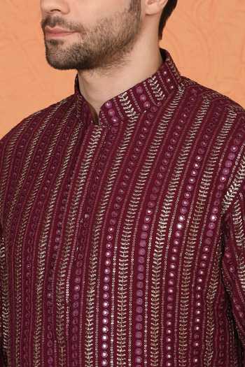 Buy_Aham-Vayam_Maroon Cotton Embroidered Kurta And Pant Set 