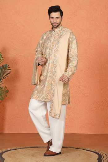 Buy_Aham-Vayam_Beige Cotton Embroidered Kurta Set _Online_at_Aza_Fashions