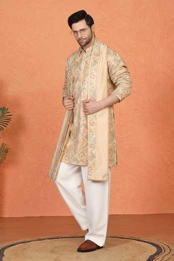 Shop_Aham-Vayam_Beige Cotton Embroidered Kurta Set _Online_at_Aza_Fashions