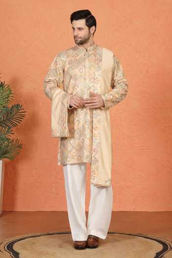 Aham-Vayam_Beige Cotton Embroidered Kurta Set _at_Aza_Fashions