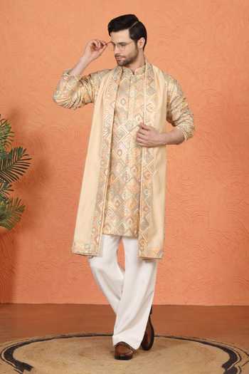 Shop_Aham-Vayam_Beige Cotton Embroidered Kurta Set 