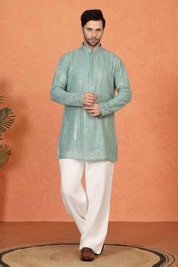 Shop Aham-Vayam Green Cotton Embroidered Kurta And Pant Set Online at Aza Fashions Shop_Aham-Vayam_Green Cotton Embroidered Kurta And Pant Set _Online_at_Aza_Fashions
