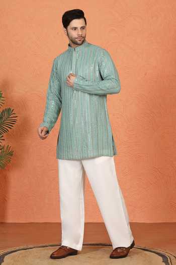 Aham-Vayam Green Cotton Embroidered Kurta And Pant Set at Aza Fashions Aham-Vayam_Green Cotton Embroidered Kurta And Pant Set _at_Aza_Fashions