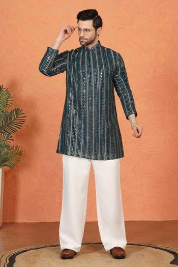 Buy_Aham-Vayam_Blue Cotton Embroidered Kurta And Pant Set _Online_at_Aza_Fashions