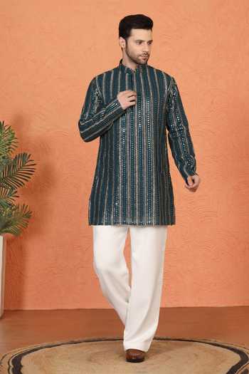 Shop_Aham-Vayam_Blue Cotton Embroidered Kurta And Pant Set _Online_at_Aza_Fashions