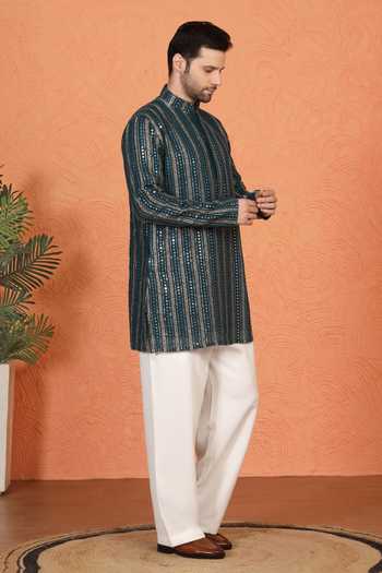 Aham-Vayam_Blue Cotton Embroidered Kurta And Pant Set _at_Aza_Fashions