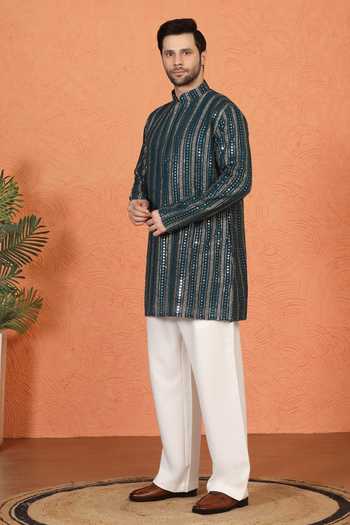 Shop_Aham-Vayam_Blue Cotton Embroidered Kurta And Pant Set 