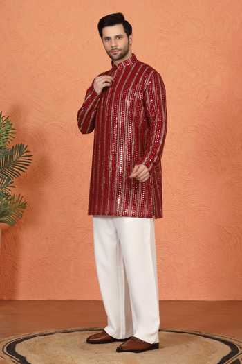 Buy_Aham-Vayam_Red Cotton Embroidered Kurta And Pant Set _Online_at_Aza_Fashions