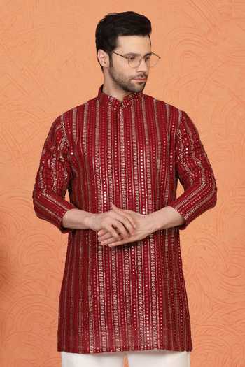 Shop_Aham-Vayam_Red Cotton Embroidered Kurta And Pant Set _Online_at_Aza_Fashions
