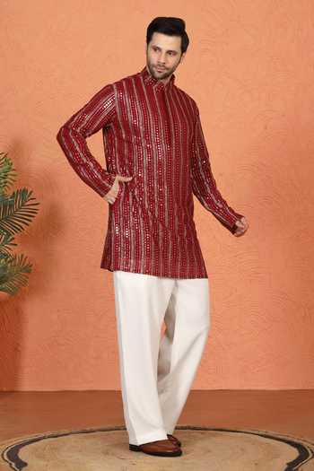 Aham-Vayam_Red Cotton Embroidered Kurta And Pant Set _at_Aza_Fashions