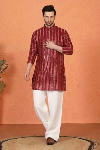 Buy_Aham-Vayam_Red Cotton Embroidered Kurta And Pant Set 