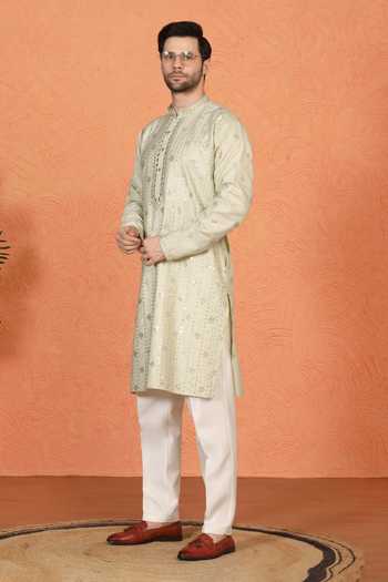 Buy_Aham-Vayam_Green Silk, Cotton Mirror Embroidered Kurta Set _Online_at_Aza_Fashions