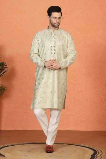 Shop_Aham-Vayam_Green Silk, Cotton Mirror Embroidered Kurta Set _Online_at_Aza_Fashions