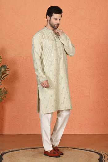 Aham-Vayam_Green Silk, Cotton Mirror Embroidered Kurta Set _at_Aza_Fashions