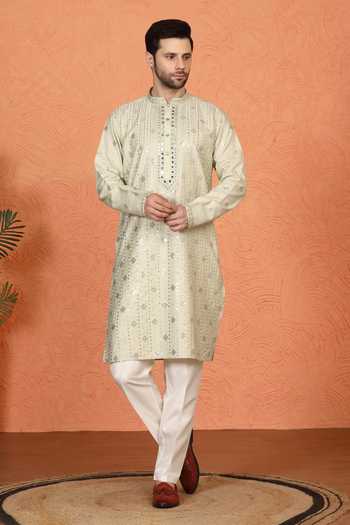Aham-Vayam Mirror Embroidered Cotton Silk Kurta Set 