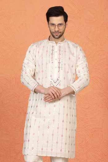 Buy_Aham-Vayam_Off White Silk, Cotton Embroidered Kurta And Pant Set _Online_at_Aza_Fashions