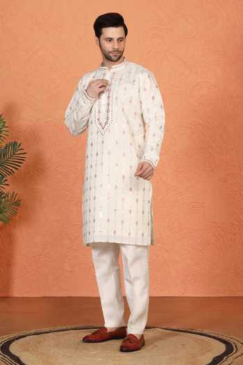 Shop_Aham-Vayam_Off White Silk, Cotton Embroidered Kurta And Pant Set _Online_at_Aza_Fashions