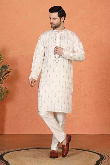 Aham-Vayam_Off White Silk, Cotton Embroidered Kurta And Pant Set _at_Aza_Fashions