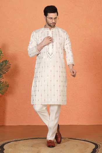 Buy_Aham-Vayam_Off White Silk, Cotton Embroidered Kurta And Pant Set 