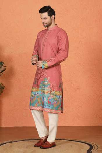 Buy_Aham-Vayam_Coral Silk, Cotton Kurta And Pant Set _Online_at_Aza_Fashions