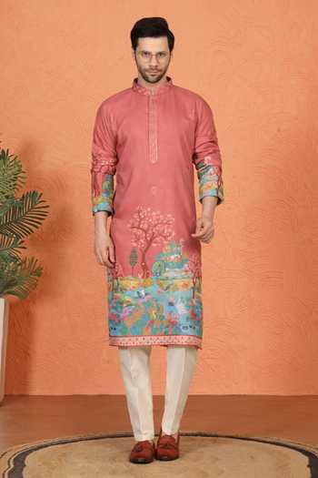 Shop_Aham-Vayam_Coral Silk, Cotton Kurta And Pant Set _Online_at_Aza_Fashions