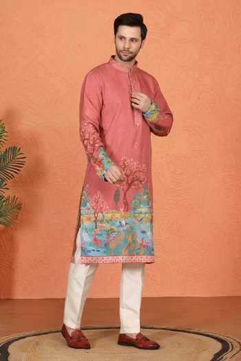 Aham-Vayam_Coral Silk, Cotton Kurta And Pant Set _at_Aza_Fashions