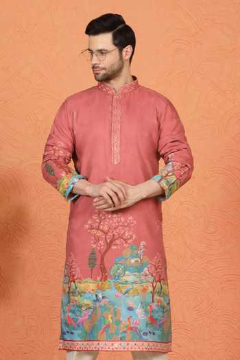 Buy_Aham-Vayam_Coral Silk, Cotton Kurta And Pant Set 