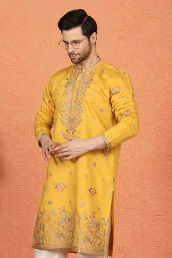 Aham-Vayam_Yellow Cotton Embroidered Kurta And Pant Set _Online_at_Aza_Fashions