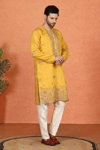 Buy_Aham-Vayam_Yellow Cotton Embroidered Kurta And Pant Set _Online_at_Aza_Fashions