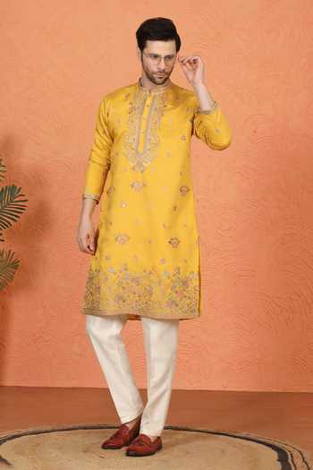 Aham-Vayam_Yellow Cotton Embroidered Kurta And Pant Set _at_Aza_Fashions